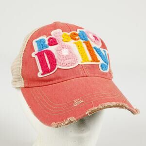 Raised On Dolly Parton Applique Letter Patch Distressed Novelty Trucker Hat